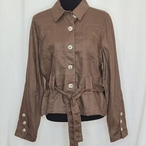 Renuar Linen Long Sleeve Button Front Belted Jacket - Size 14